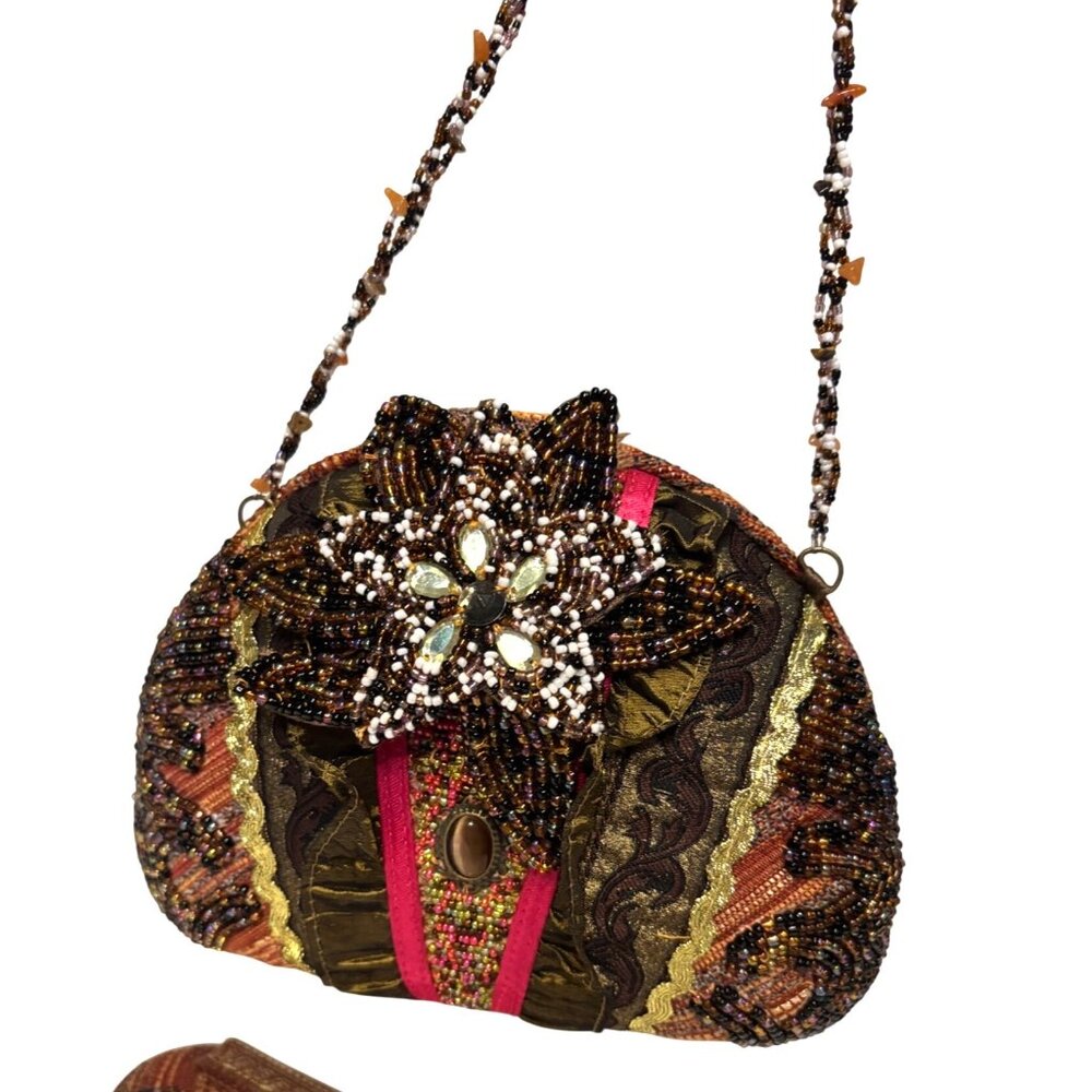 Vintage Beaded Evening Bag Jeweled Flower Brown Gold Brocade Shoulder Purse